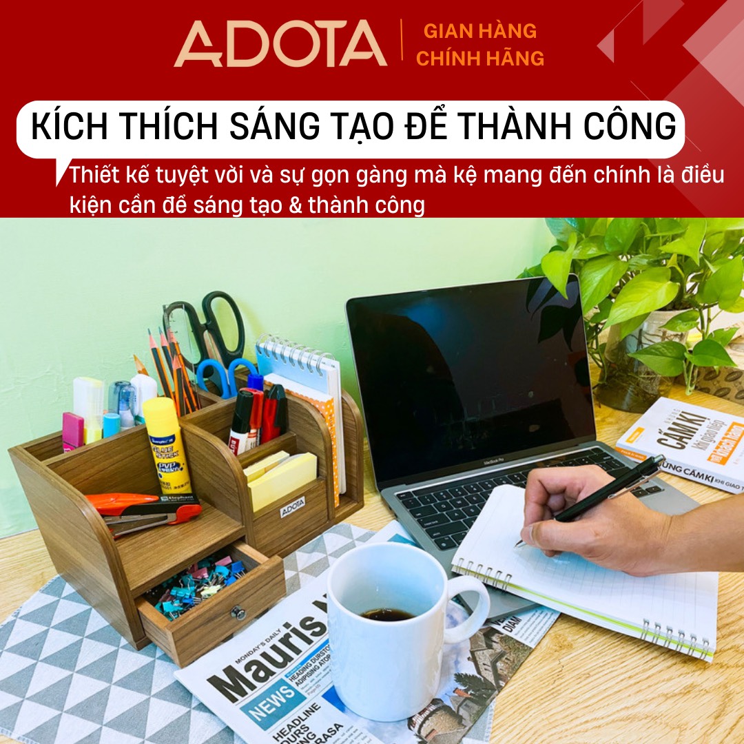 Combo kệ gỗ để bàn cao cấp, hộp cắm bút đôi và hộp cắm bút 3 ngăn để bàn phong cách hiện đại sang trong gỗ MDF siêu bền ADOTA