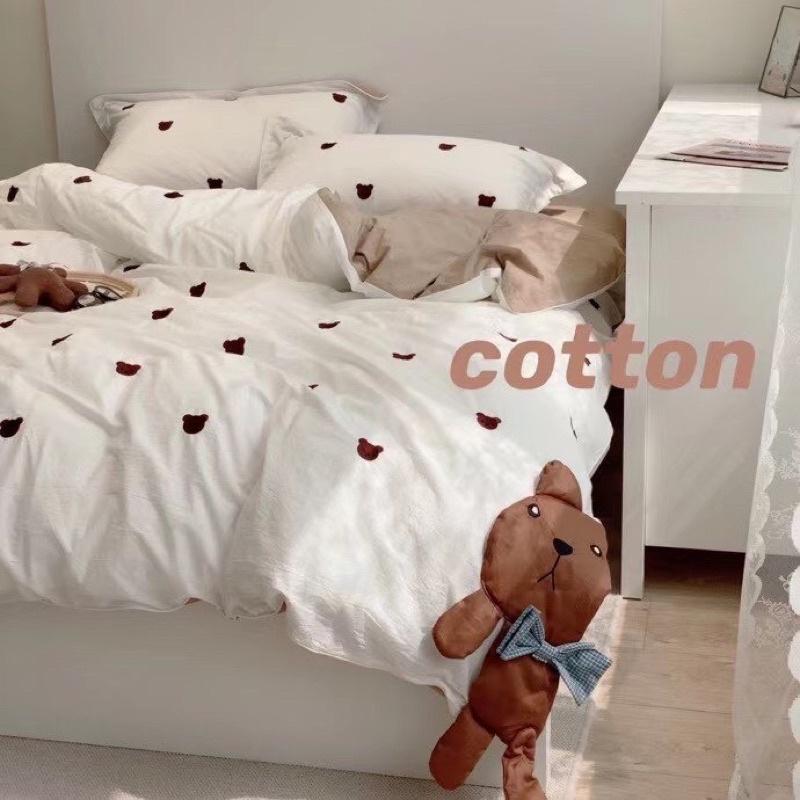 Bộ Chăn Ga Gối Cotton Hữu Cơ Hàng Nhập Khẩu Cao Cấp 4 Món Gấu Teddy Nơ