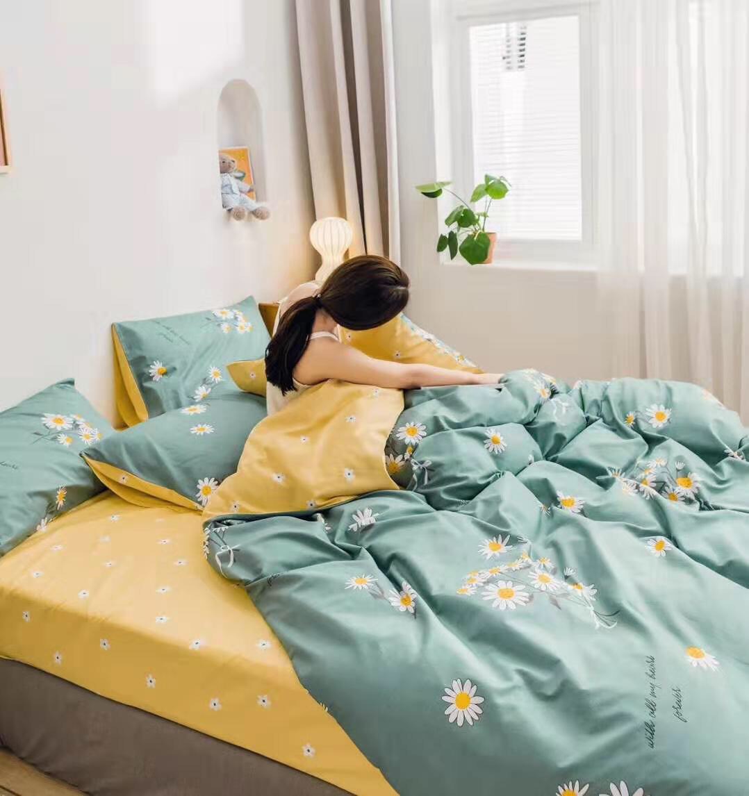 Bộ Chăn Chần Ga Gối Cotton LIDACO SP000882 - Cúc Nhí Xanh