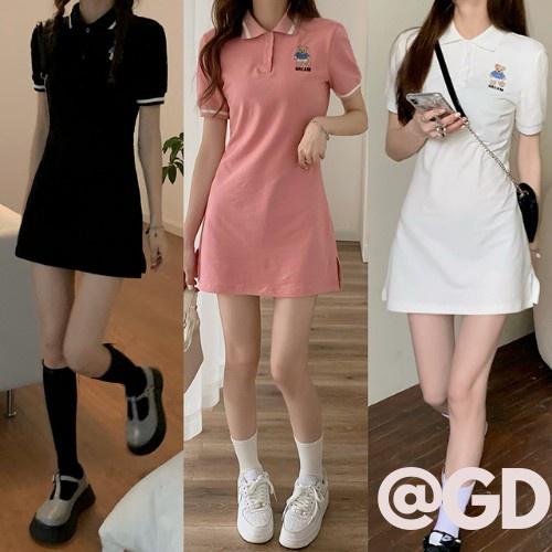 Đầm Nữ Polo Họa Tiết Gấu Váy Body Nữ Cộc Tay Dáng Ngắn