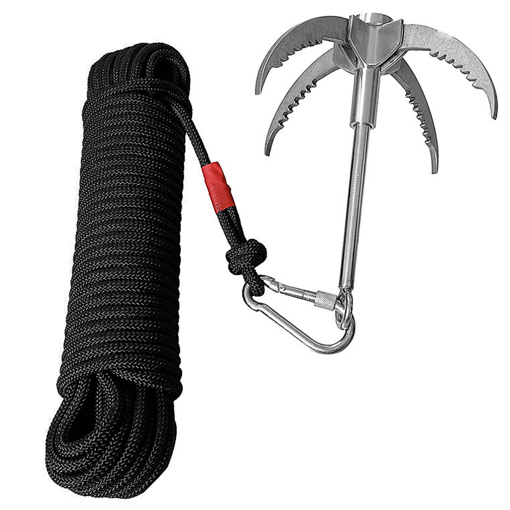 Móc Leo Núi 4 Móng Bằng Thép Không Gỉ Có Thể Thu Gọn 65ft 8mm Dây Thừng Phụ Trợ Carabiner