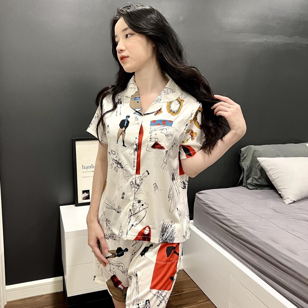 Đồ Bộ Nữ THIẾT KẾ Chất Lụa Latin Cao Cấp Quần Đùi Áo Cộc Họa Tiết Xu Hướng