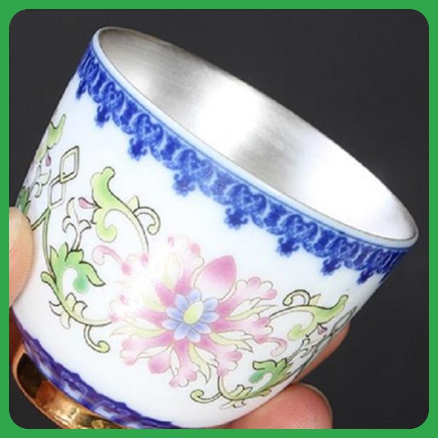 Chén Uống Trà Tử Sa Tráng Bạc SƯƠNG MAI Họa Tiết Hoa Sen Ngũ Sắc Tinh Tế Sang Trọng Dung Tích 70ML