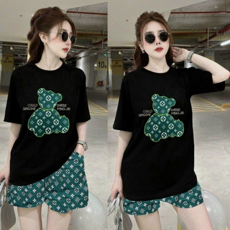 Sét bộ đồ đùi nữ mặc đi làm đi chơi thêu hình gấu siêu xinh, bộ đồ mặc ở nhà quần ngắn thun cotton siêu mát