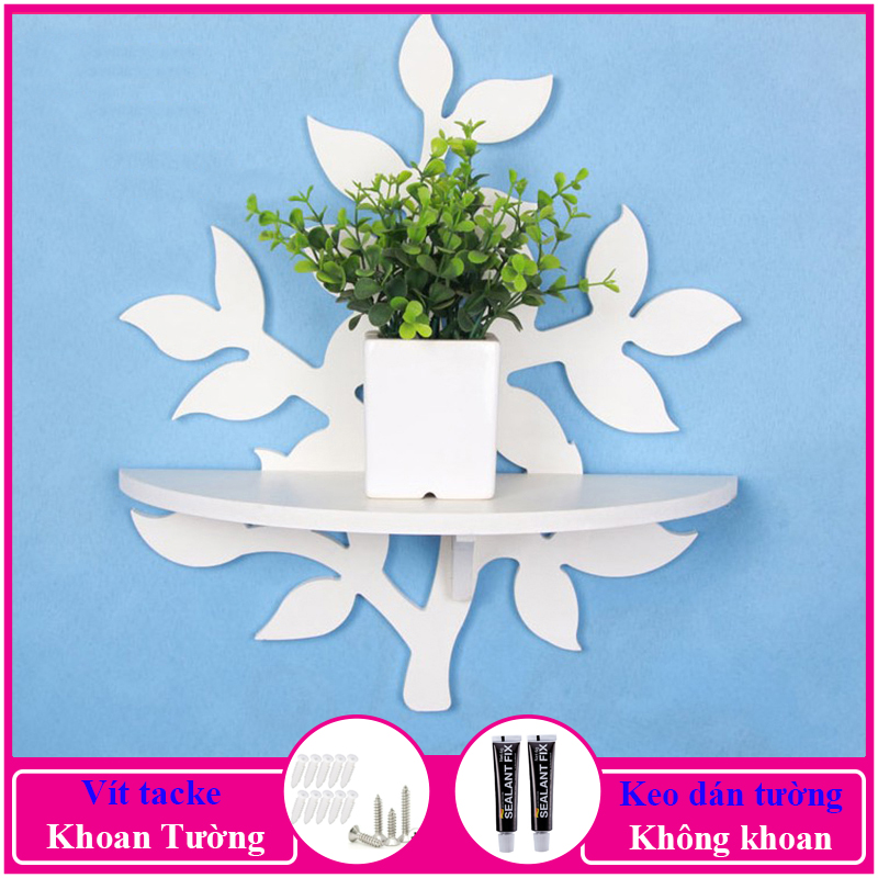 Kệ treo tường trang trí không cần khoan, chất liệu gỗ nhựa cao cấp màu trắng, decor không gian sống - a06