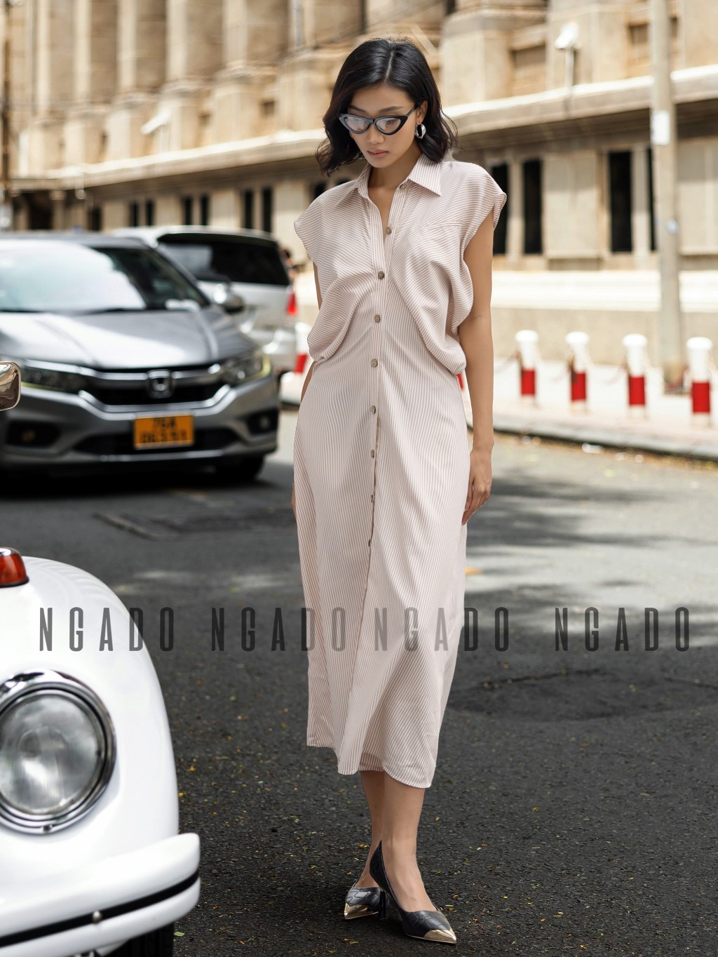 Đầm sơ mi sọc cam NGADO, Đầm suông, Đầm vintage, Đầm dạo phố thiết kế