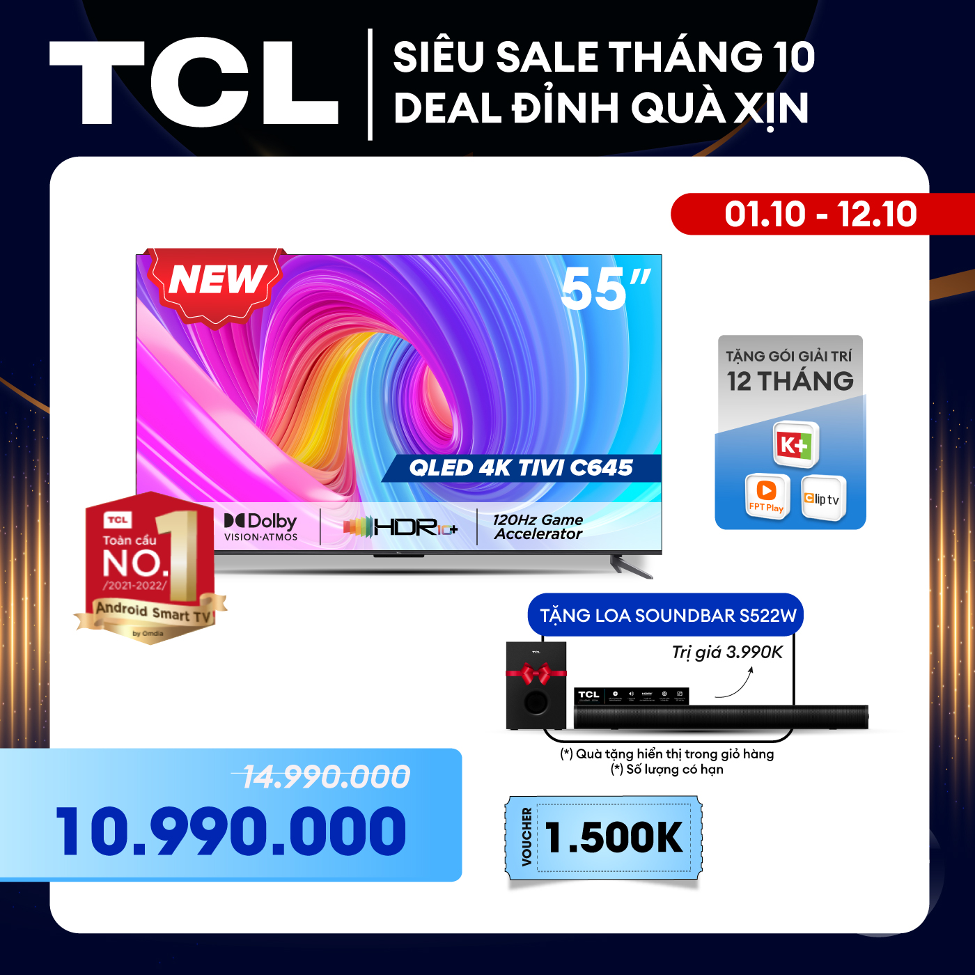 QLED TV TCL 4K UHD - Tivi 55'' - 55C645 - Tivi 55 inch - Tivi cao cấp - Hàng chính hãng - Nhà bán hàng tự giao