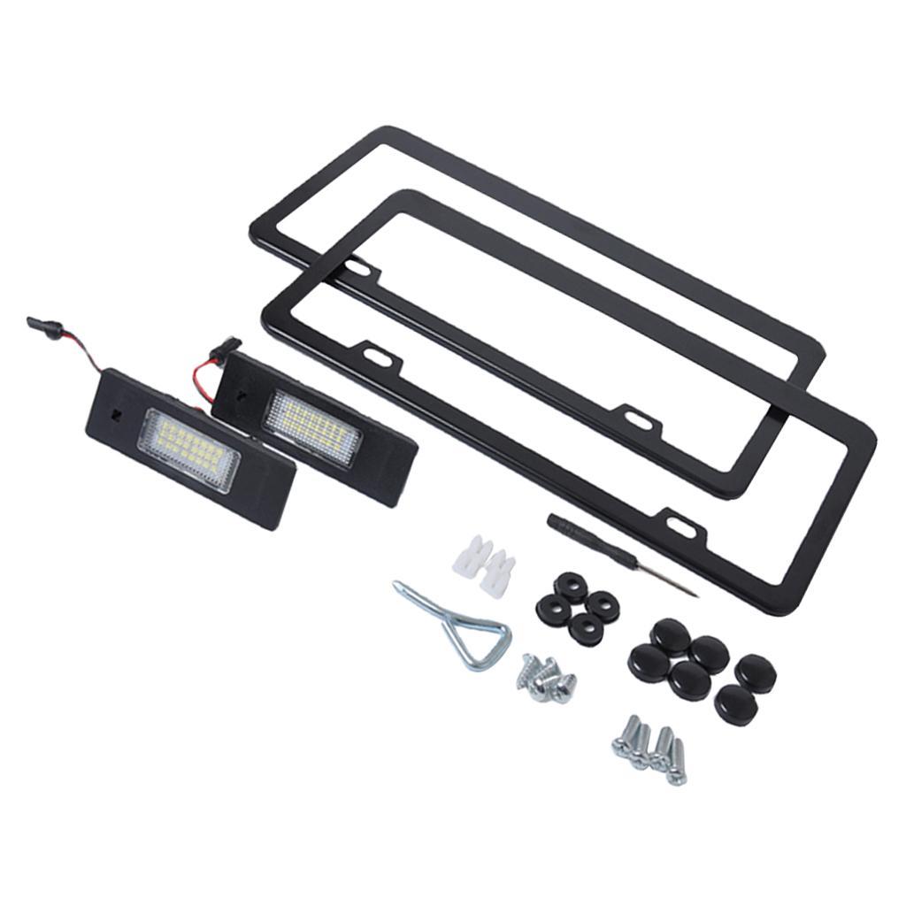 2 Pieces LED License Plate Lights+Stainless Steel Black Car License Plate Frames Set For BMW E81