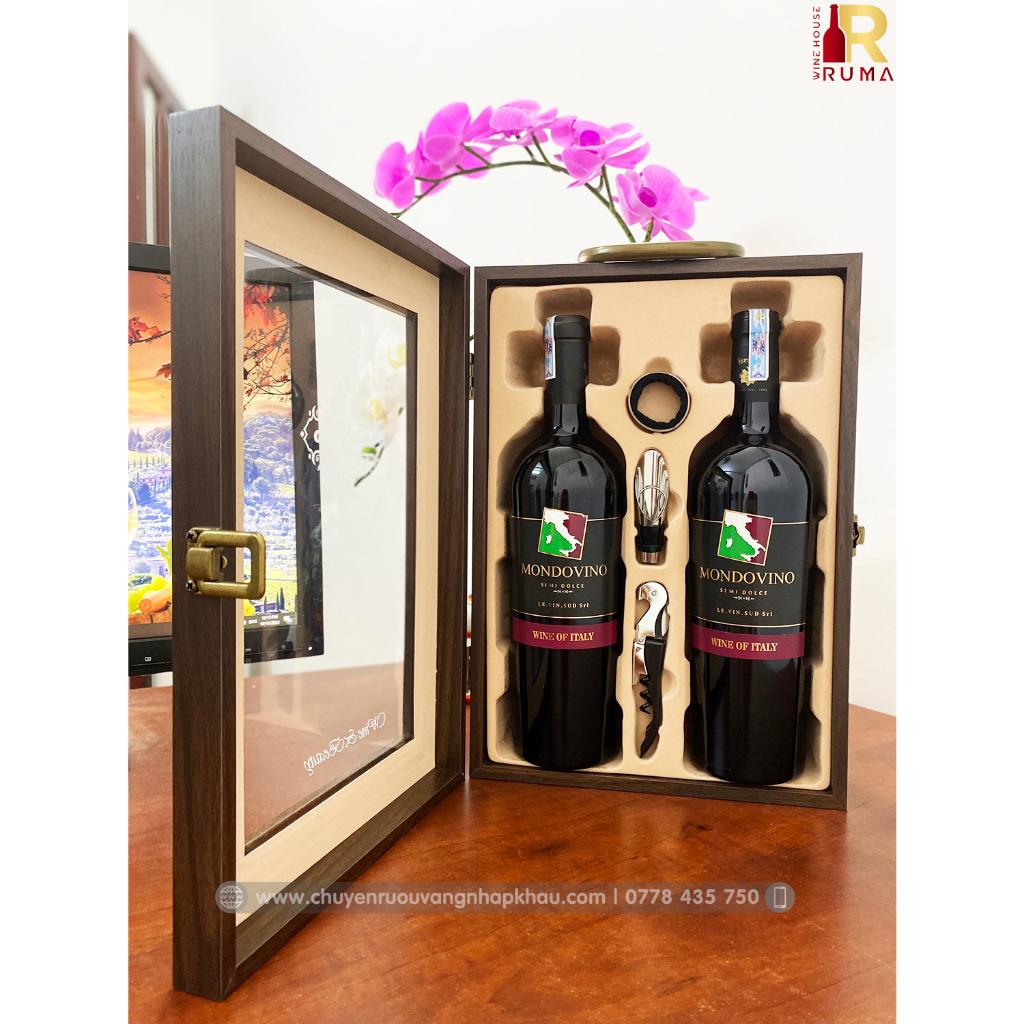 Hộp quà rượu vang Ý Mondovino Semi - Hộp gỗ mặt kính