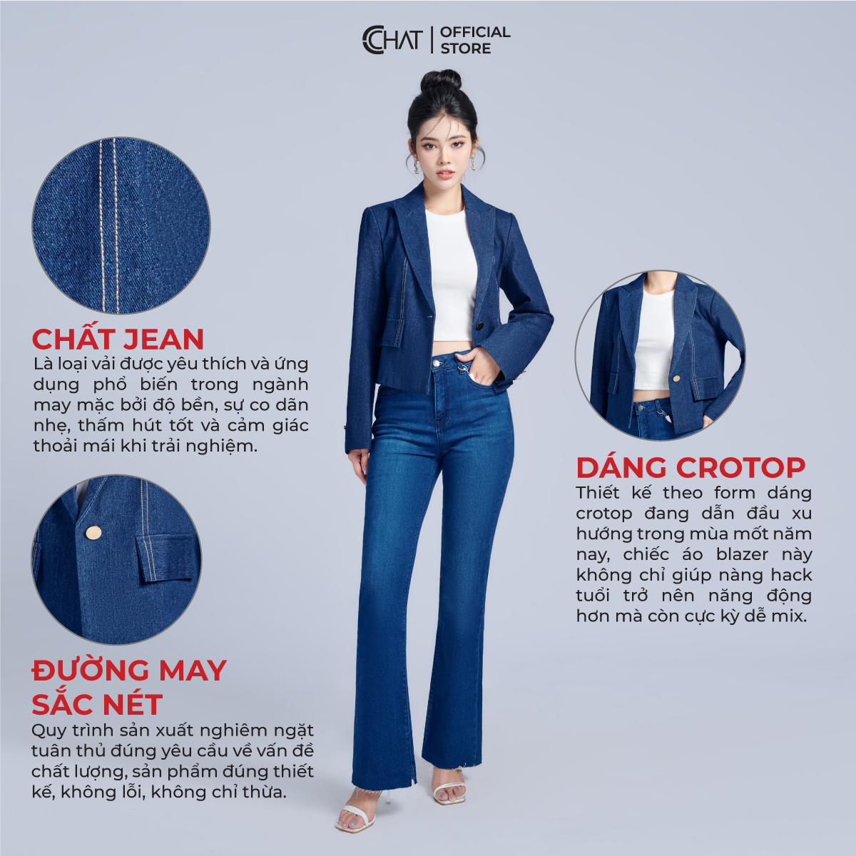 Áo Blazer Nữ CCHAT Diễu Chỉ Hai Nắp Túi Jeans Cao Cấp 22EHJ2012ST