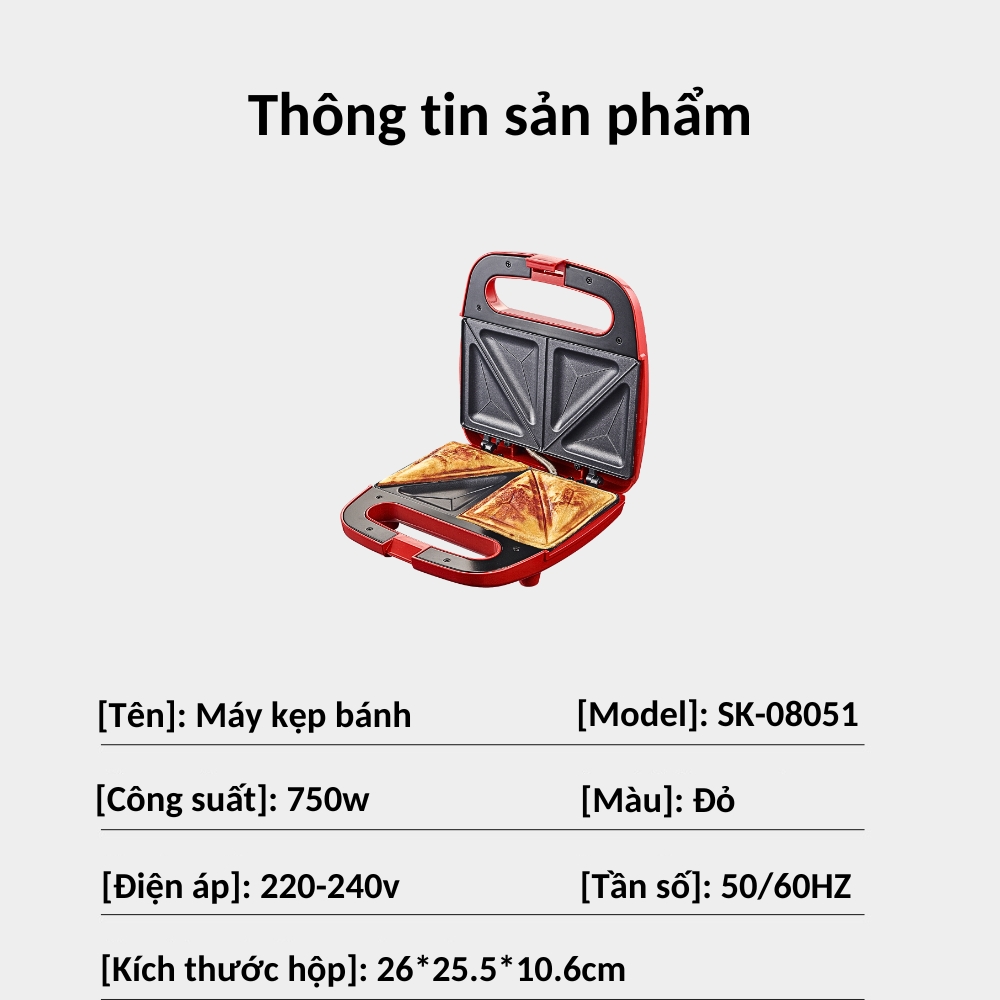 Máy kẹp nướng ép bánh SOKANY công suất lớn 750W tích hợp 2 mặt chống dính giúp bánh chín nhanh chóng vô cùng tiện ích - HÀNG CHÍNH HÃNG - DELIYA