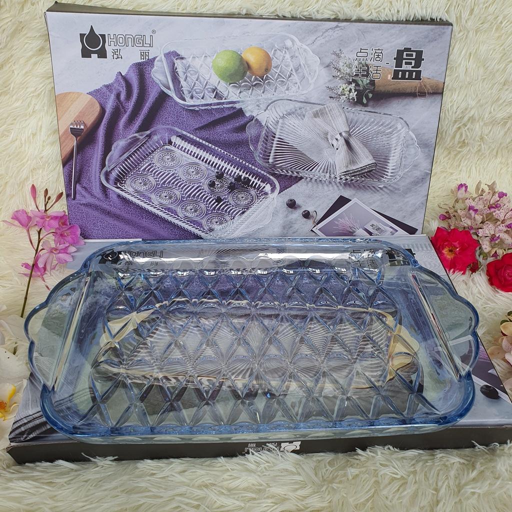 Dĩa Thủy Tinh Đẹp Dài Để Ly/Cốc Hình Chữ Nhật, Khay Đựng Trái Cây, Bánh Mứt Thủy Tinh Cao Cấp Màu Xanh