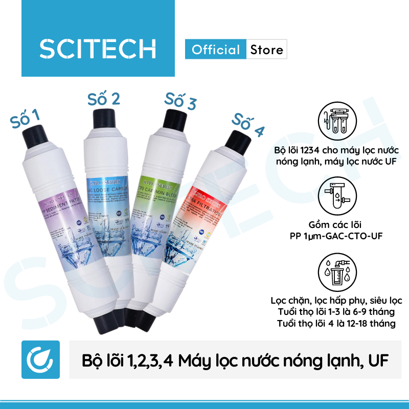 Bộ lõi số 1,2,3,4 K-Pro Series by Scitech (Lõi PP-GAC-CTO-UF) dùng cho máy lọc nước nóng lạnh, máy lọc nước UF - Hàng chính hãng