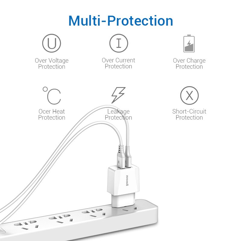 Cóc củ sạc nhanh 2 cổng USB Type A hiệu Baseus Dual-U hỗ trợ sạc nhanh 2.1A trang bị chip sạc thông minh - Hàng chính hãng