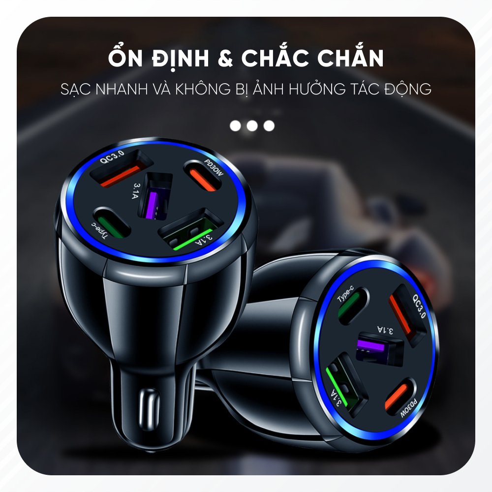 Tẩu Sạc Điện Thoại 5 Cổng USB Type C Trên Xe Ô Tô | Tẩu Sạc Điện Thoại 5 Cổng Sạc USB Type C Công Nghệ Sạc Nhanh Quick Charge 3.0, Chất Liệu Cao Cấp Chống Rơi Vỡ