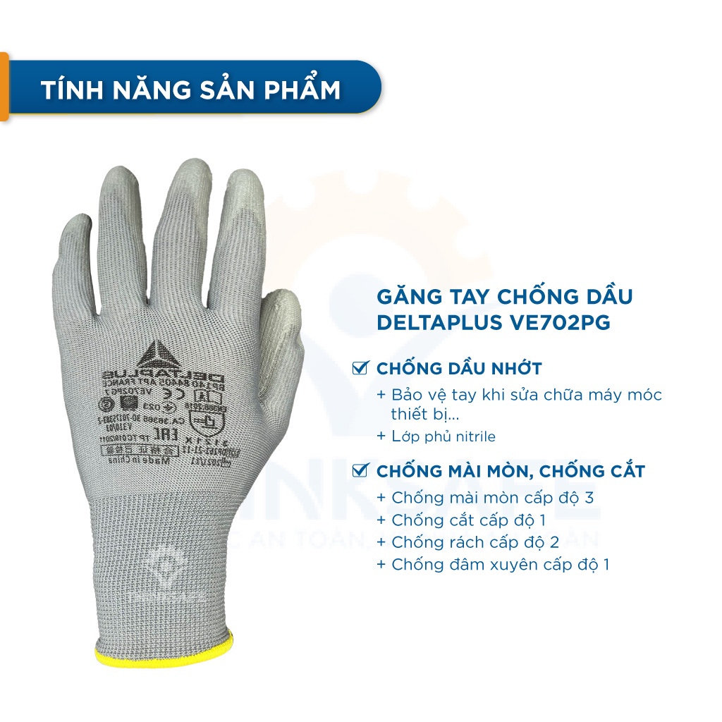 Găng tay đa năng Deltaplus VE702PG phủ PU mềm mại, linh hoạt, ôm tay, co giãn, chống trơn trượt, bao tay bảo hộ cơ khí, kỹ thuật - Nitrile Glove VE702PG