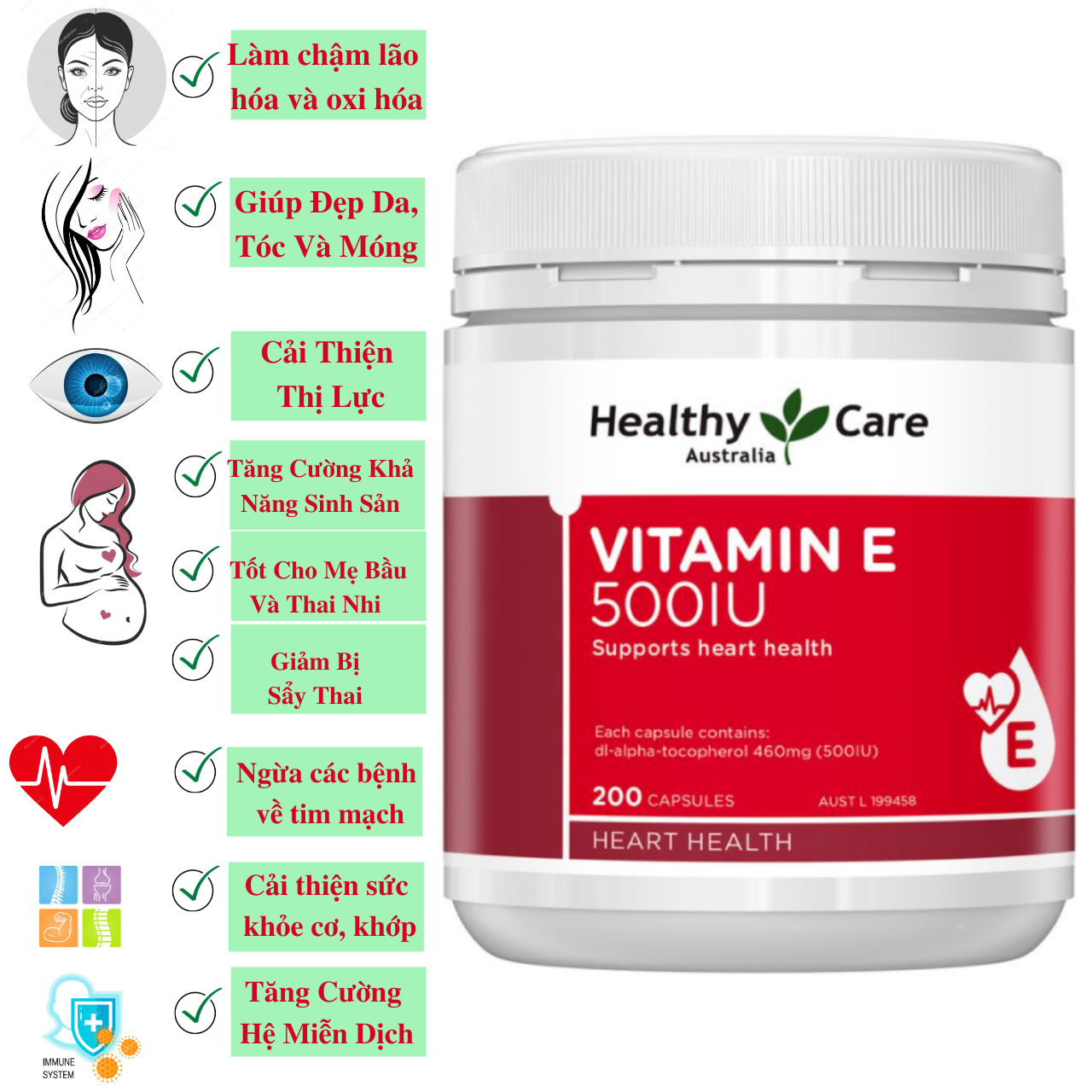 Viên Uống Healthy Care Vitamin E 500IU 200 Viên NK Hàng Nội Địa Úc - Tăng Cường Miễn Dịch - Tăng Đề Kháng - Nuôi Dưỡng Làn Da Chống Lão Hóa, Hỗ Trợ Tim Mạch, Xương Khớp, Thị Lực Cần Thiết Cho Chị Em Phụ Nữ