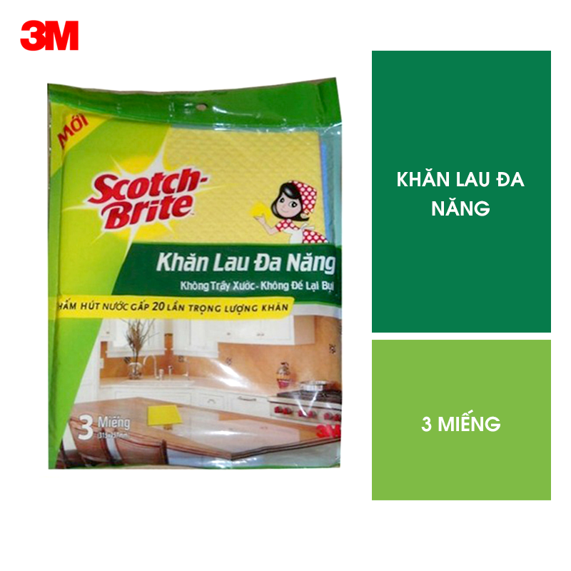 Combo 3 Khăn lau đa năng Scotch-Brite 3M 32x26cm không gây trầy xước, thấm hút nước gấp 20 lần, độ bền cao