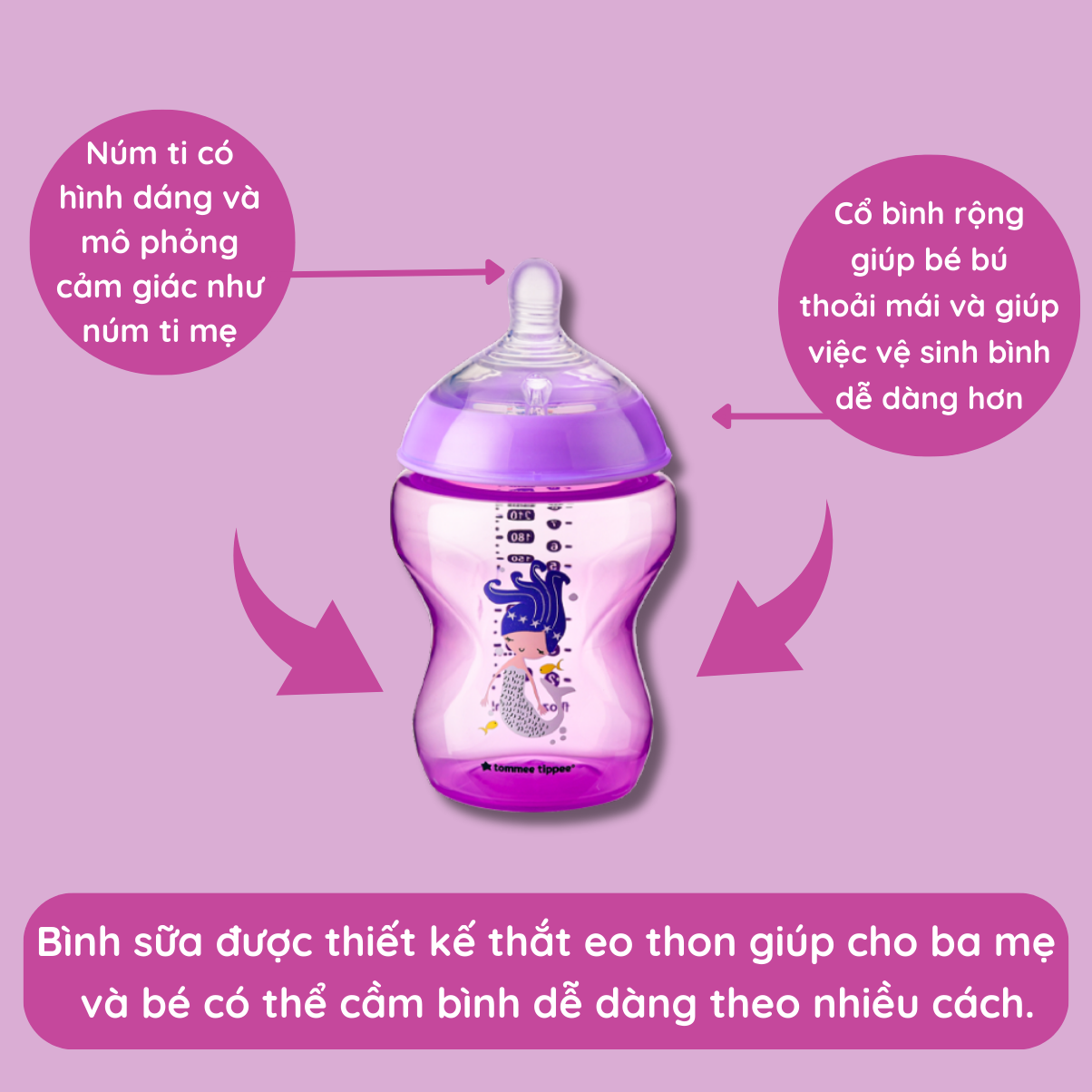 Bình Sữa Ty Siêu Mềm Tự Nhiên Tommee Tippee Closer To Nature 260ml, Núm Ty Của Bình 3-6 Tháng – Tím (Bình Đôi)