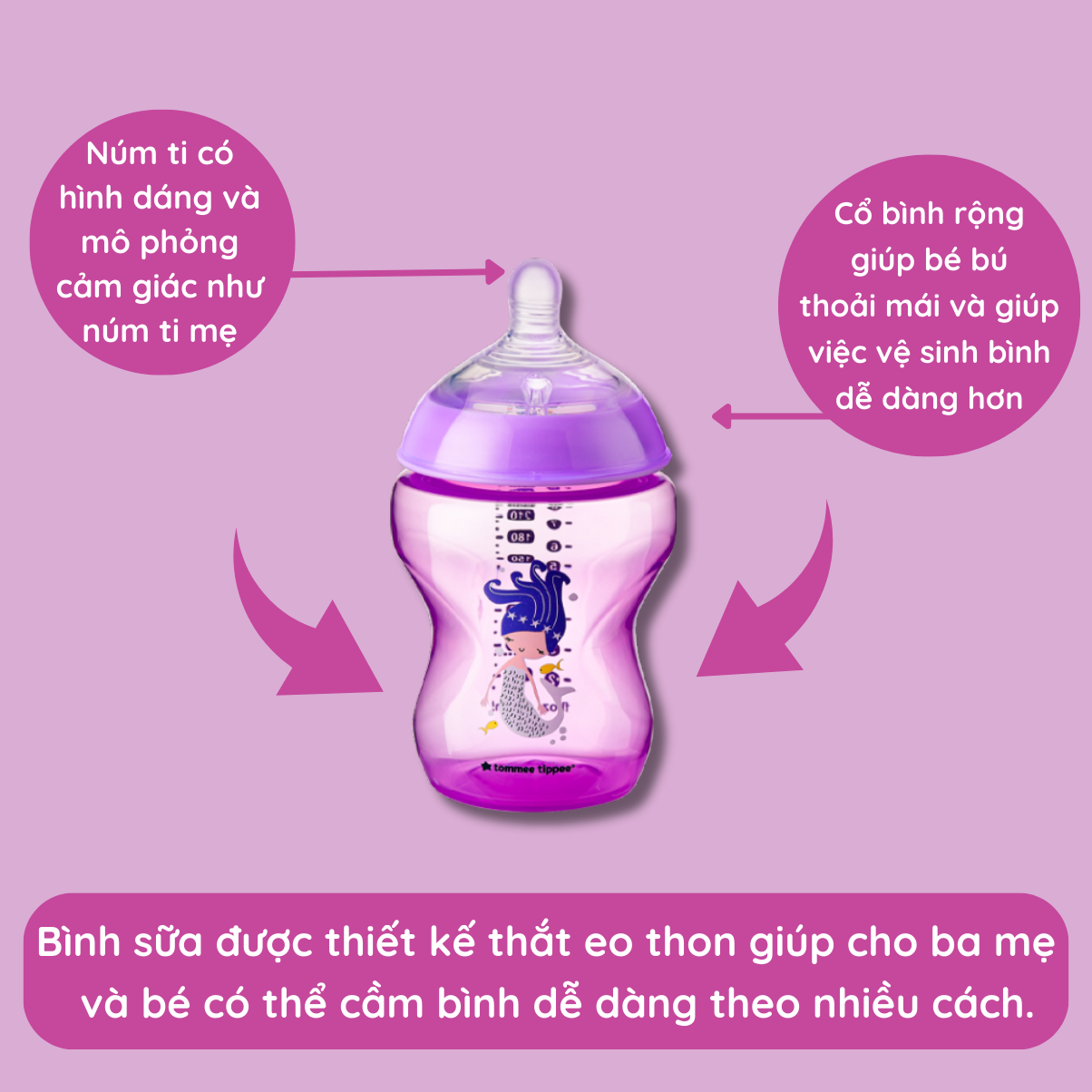 Bình Sữa Ty Siêu Mềm Tự nNhiên Tommee Tippee Closer To Nature 260ml, Núm Ty Của Bình 3-6 tháng – Tím (Bình Đôi)