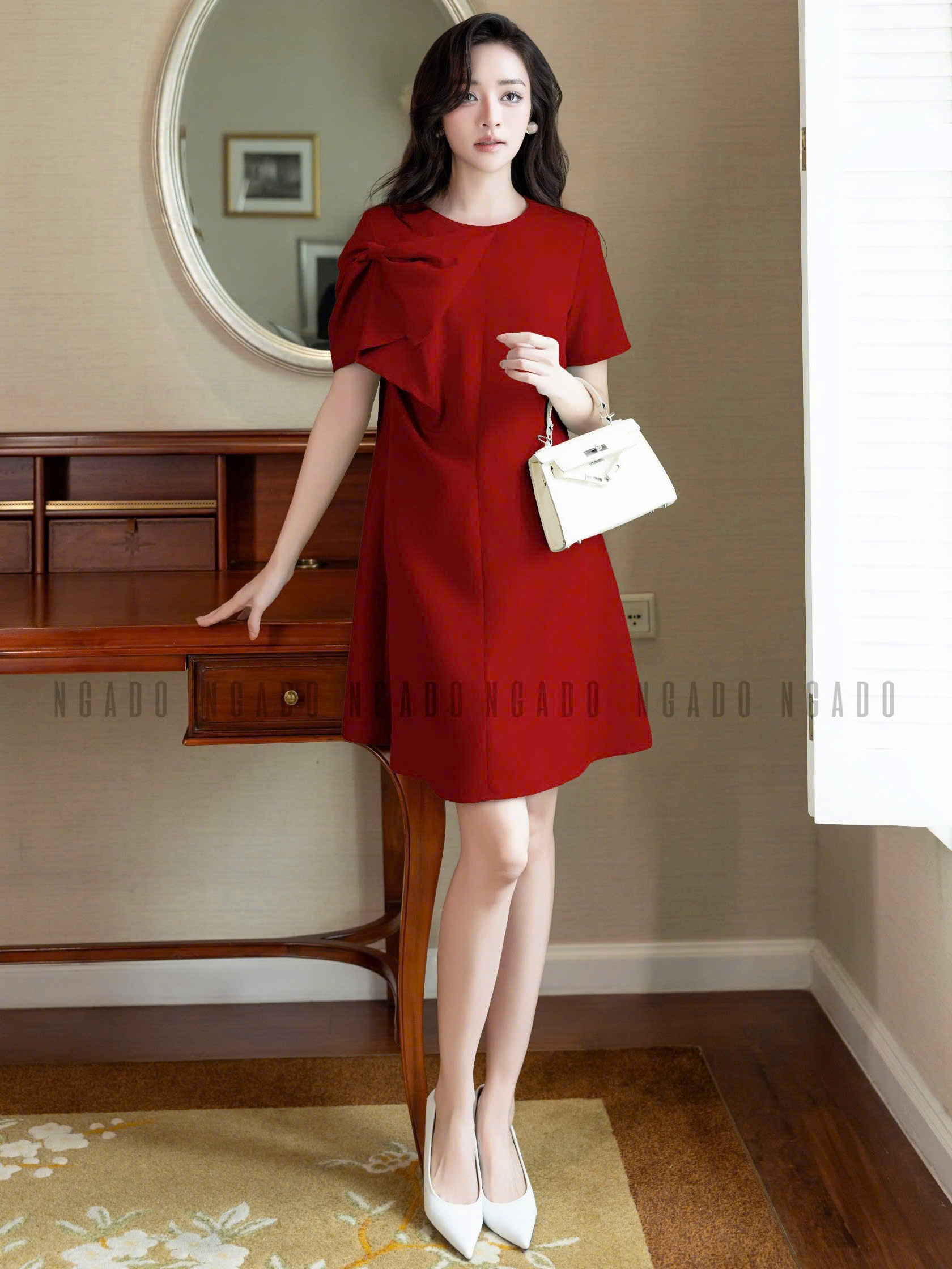 Đầm đỏ nơ tay NGADO , đầm suông , đầm Nữ , đầm công sở, dự tiệc