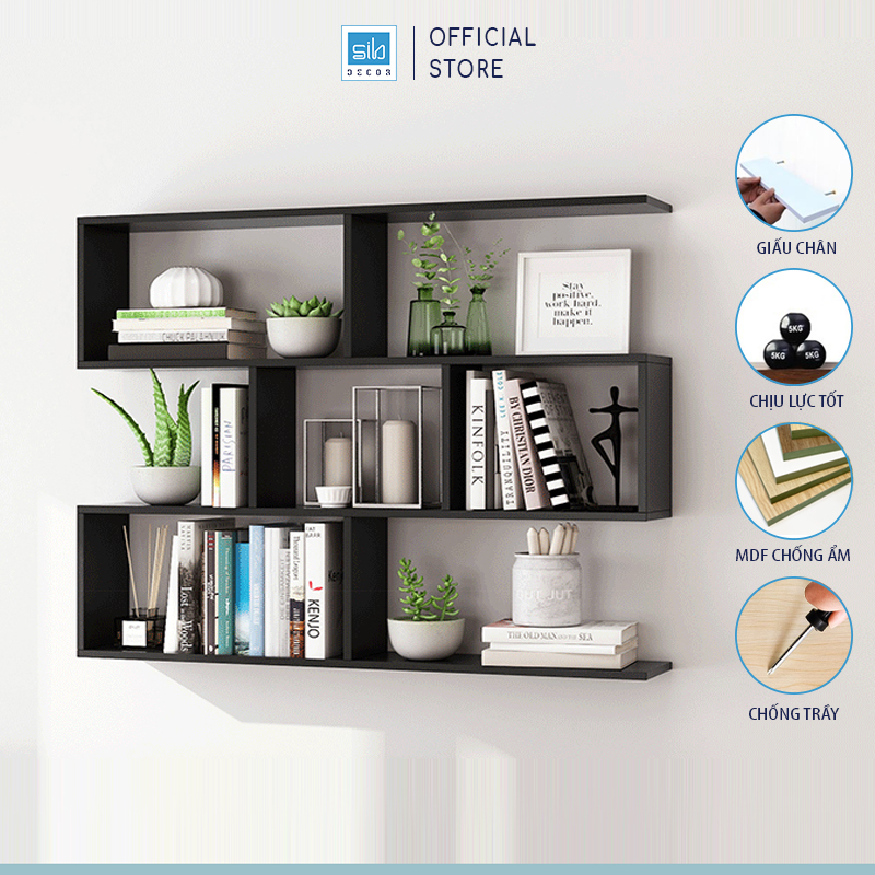 Kệ Sách Gỗ Treo Tường 4 Tầng Đơn Giản Mà Đẹp Sib Decor Nhiều Màu - Đen - 80 X 82 X 15 Cm