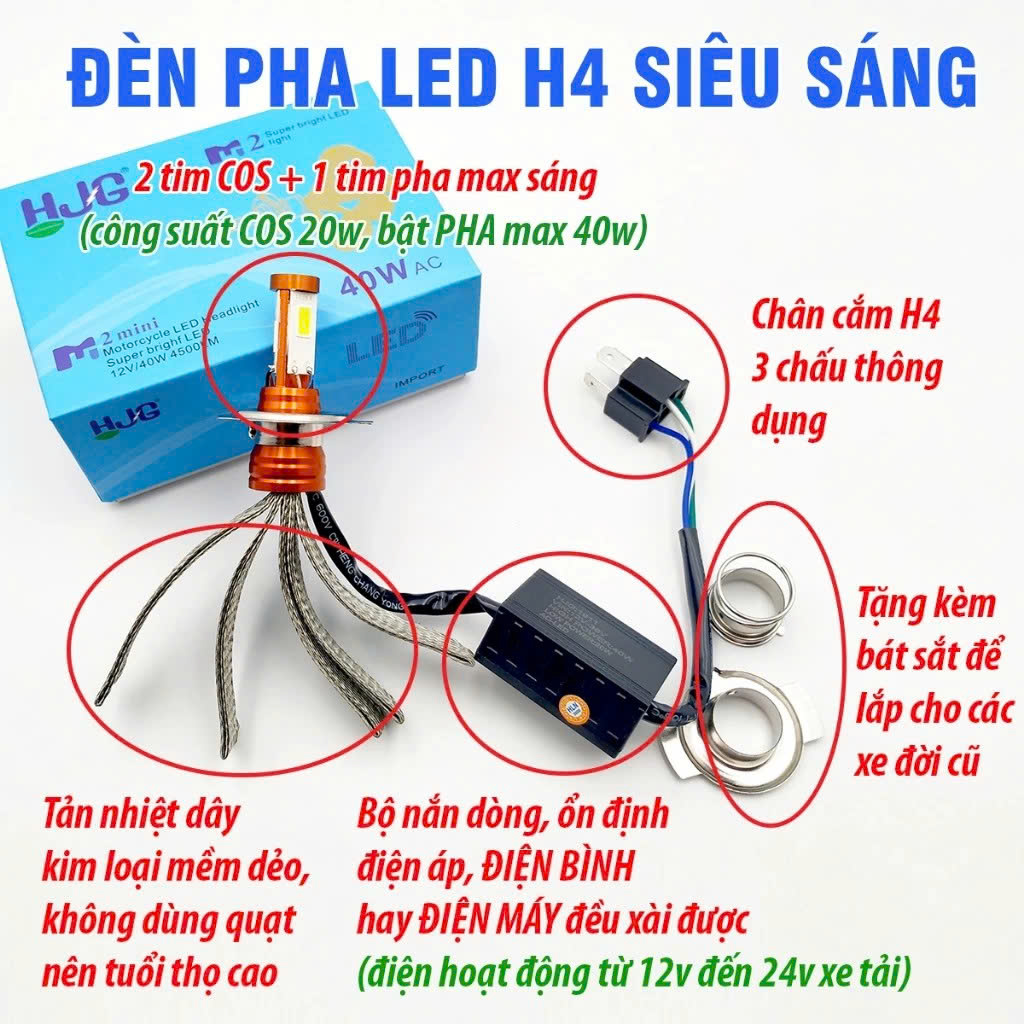 Đèn Pha LED 3 Tim Siêu Sáng Cho Xe Máy &amp; Ô Tô – Xài Điện Máy 12V–24V Không Cần Chỉnh Dòn