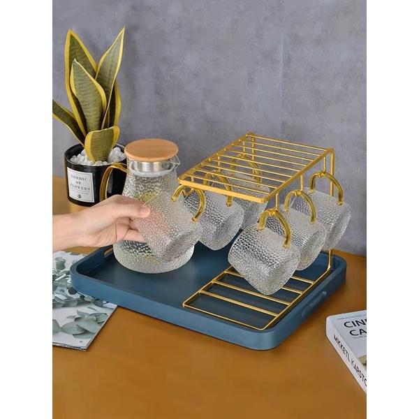 BỘ BÌNH 6 CỐC THUỶ TINH VÂN NHÁM QUAI VÀNG KÈM GIÁ TREO VÀ KHAY XANH CAO CẤP