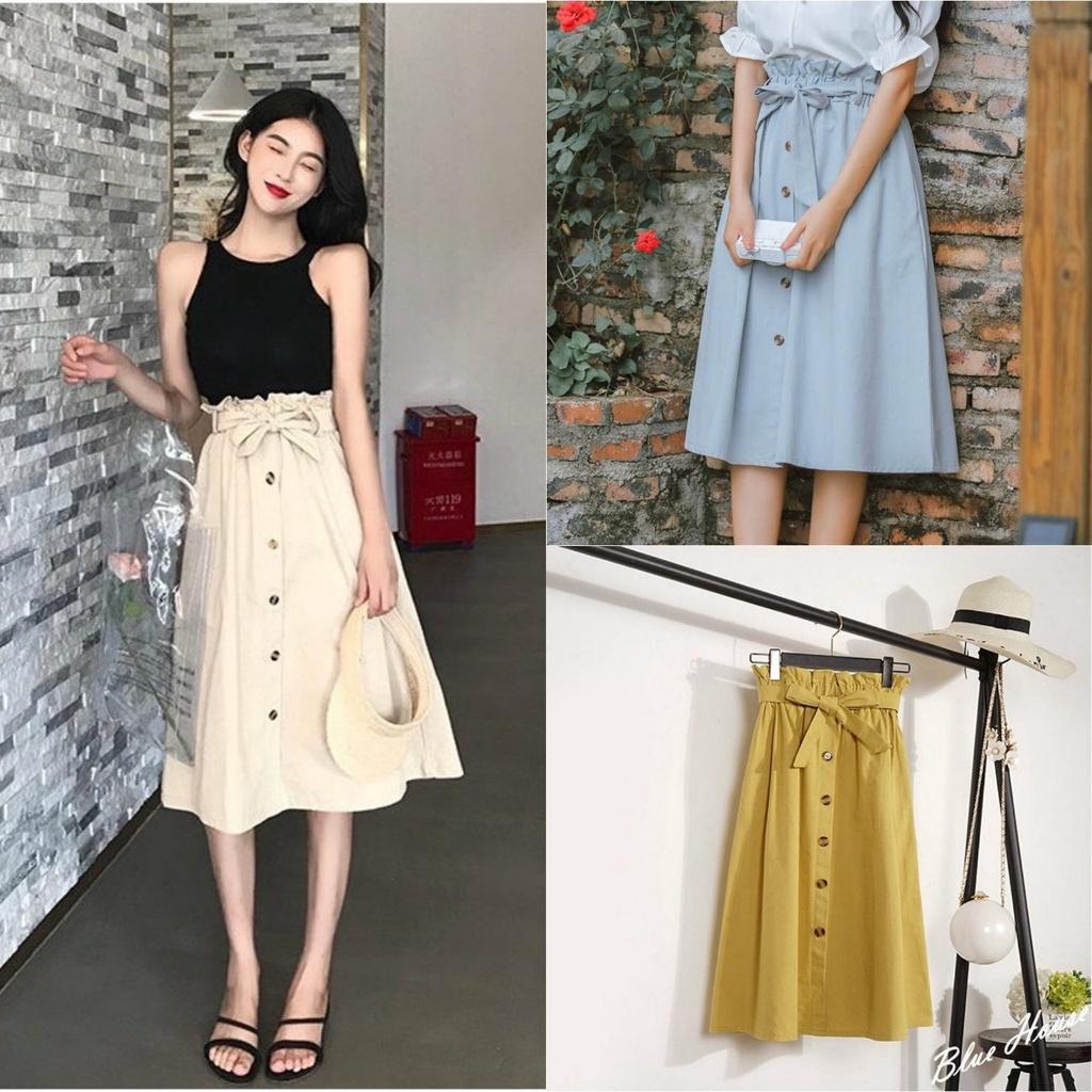 Chân Váy Midi Nữ Kaki Nơ Eo Hàng Cúc Giữa dưới 60kg - Eo Viền Bèo Dáng Dài Nhiều Màu