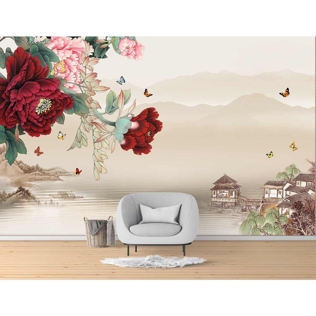 Tranh dán tường hoa mẫu đơn đỏ