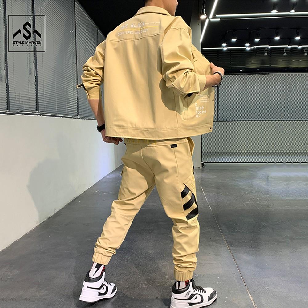 Bộ đồ nam kaki dài tay cổ bẻ túi hộp kết hợp quần jogger sọc bo gấu cá tính STYLE MARVEN - SET NAM 90000124