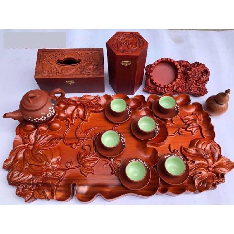 Khay Trà Gỗ Nguyên Khối Trạm Hoa Bí