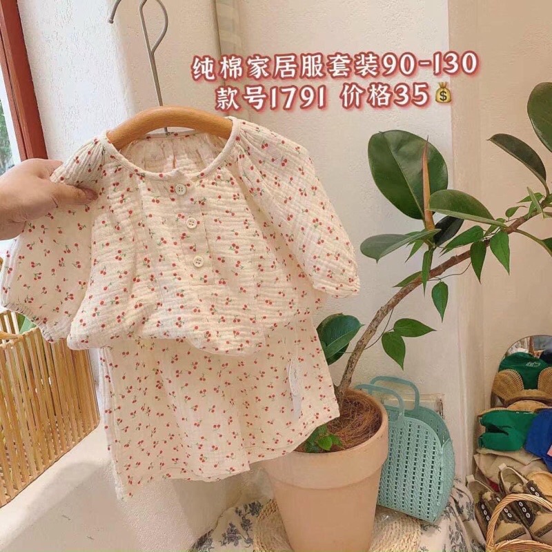 Vải xô muslin 2 lớp hình cherry  nền trắng tinh