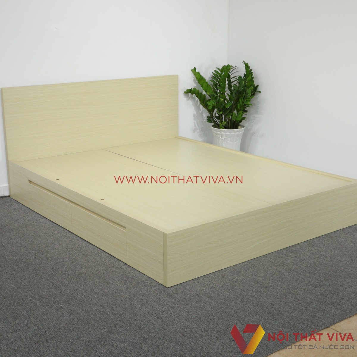 Giường Ngủ Gỗ MDF Phủ Melamine Cao Cấp Viva Màu Kem Học Kéo