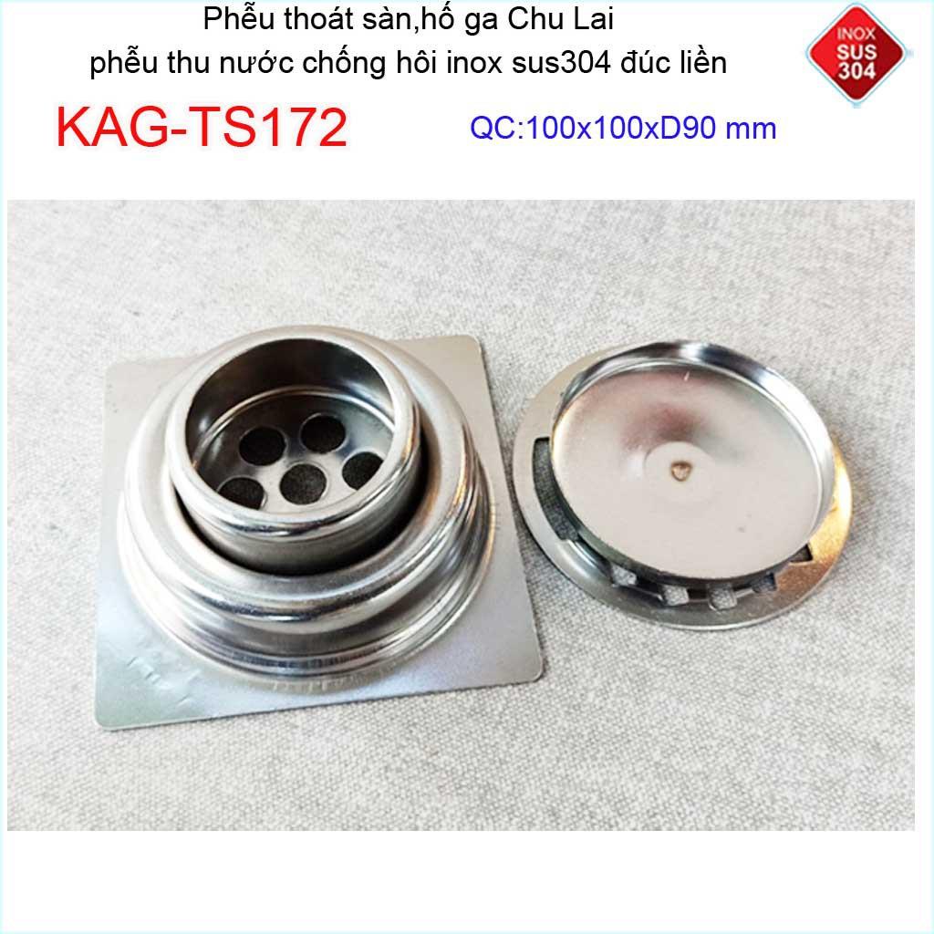 Hố ga thoát sàn Chu lai ống 9cm Inox 304, phễu thoát nước chống hôi 10x10cm ống D90mm KAG-TS172 D90