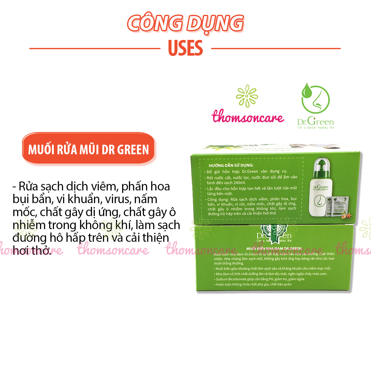 Muối Rửa Mũi Dr Green - Có thêm nha đam (Lô hội) - Làm sạch bụi bẩn, vi khuẩn, giảm ngạt mũi, viêm xoang, giúp dễ thở hơn