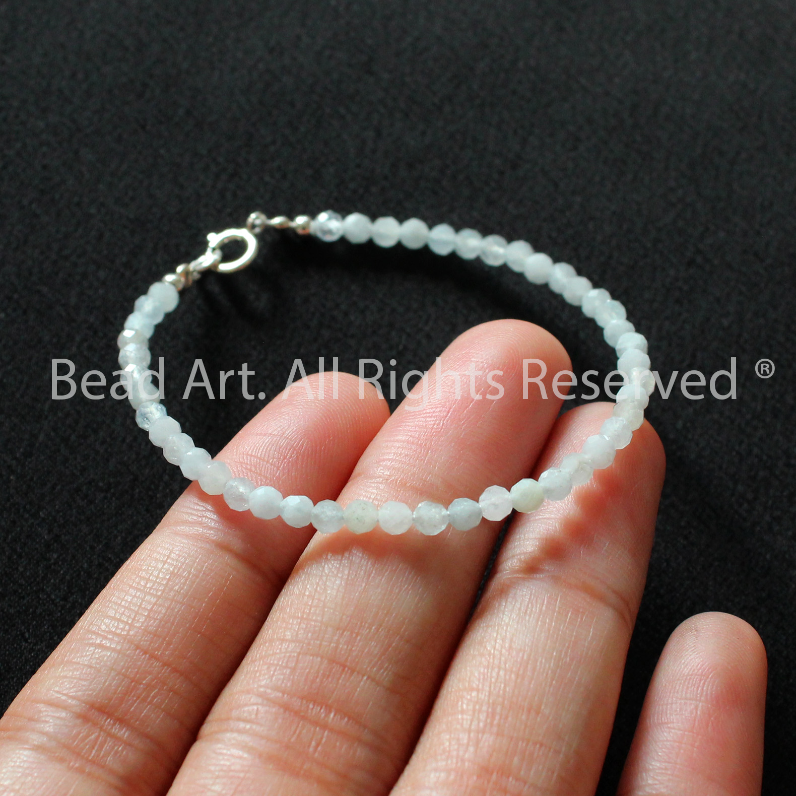 Lắc Tay 3MM Đá Aquamarine Tự Nhiên, Hải Lam Ngọc, Màu Xanh Biển Giác Cắt Và Bạc 925, Thuỷ, Mộc, Vòng Tay Phong Thuỷ, Chuỗi Hạt - Bead Art