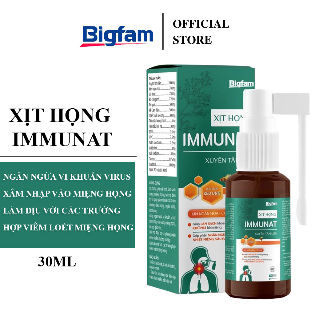 Xịt họng chiết xuất keo ong ngừa khuẩn, giảm ho Immunat Bigfam sử dụng được cho trẻ nhỏ và phụ nữ mang thai 30ml