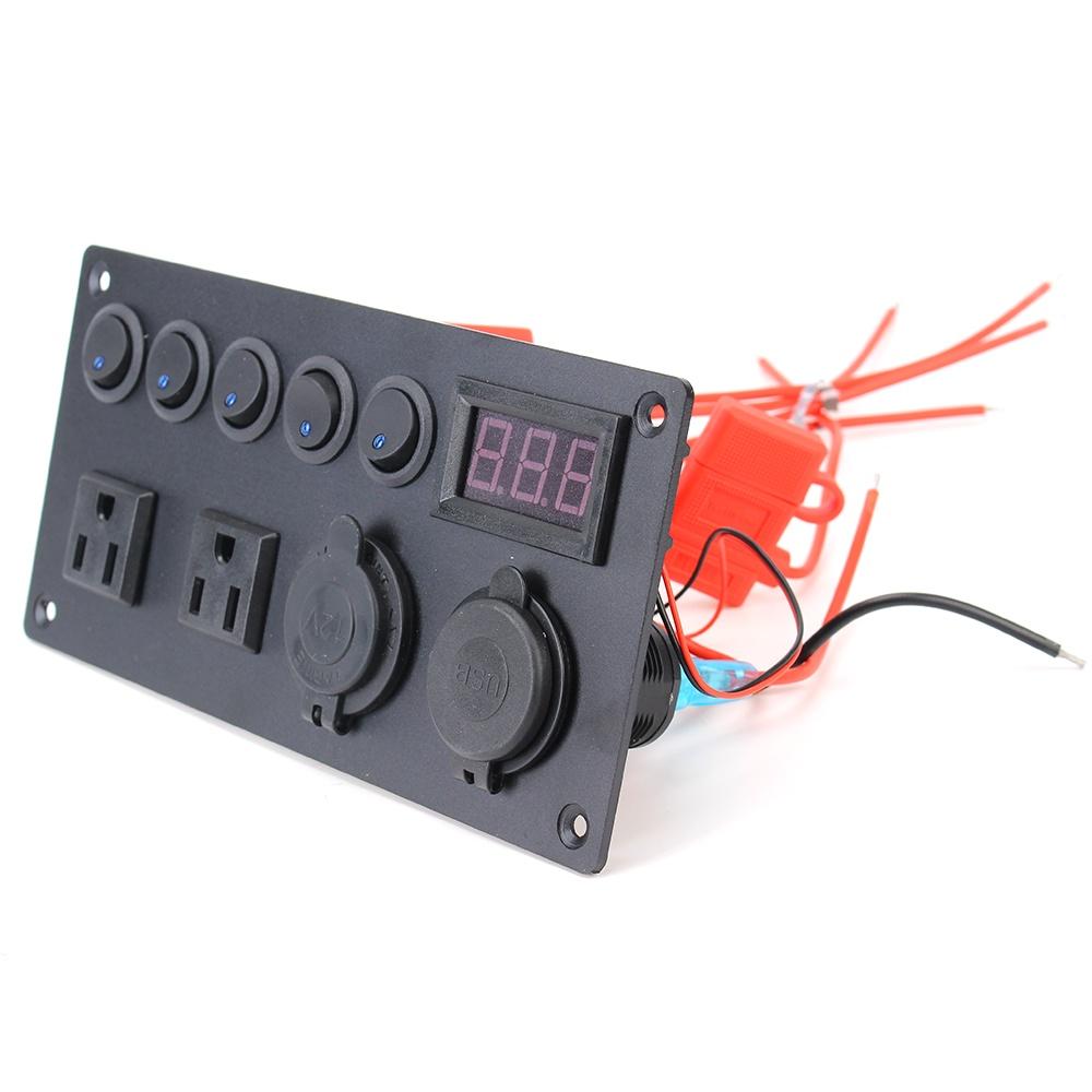 Vôn kế điện áp 12V/24V phích cắm kiểu Mỹ có màn hình led kỹ thuật số + 5 công tắc lật + hai cổng USB cho xe hơi