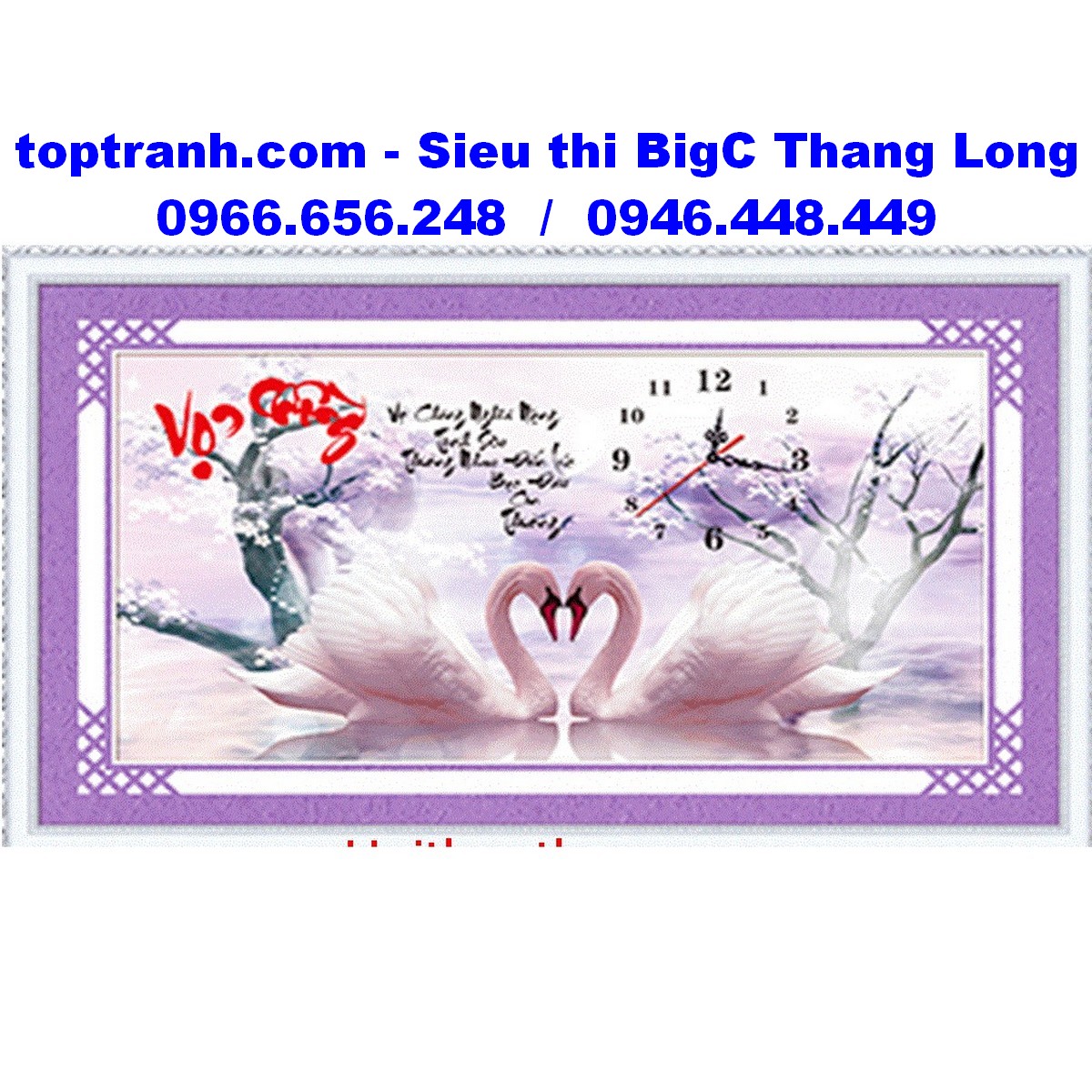 Tranh thêu chữ thập đồng hồ chữ vợ chồng và thiên nga 88866 chưa thêu