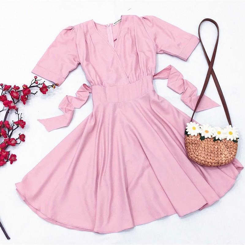 Đầm Xoè Ngắn Hồng Cột Eo