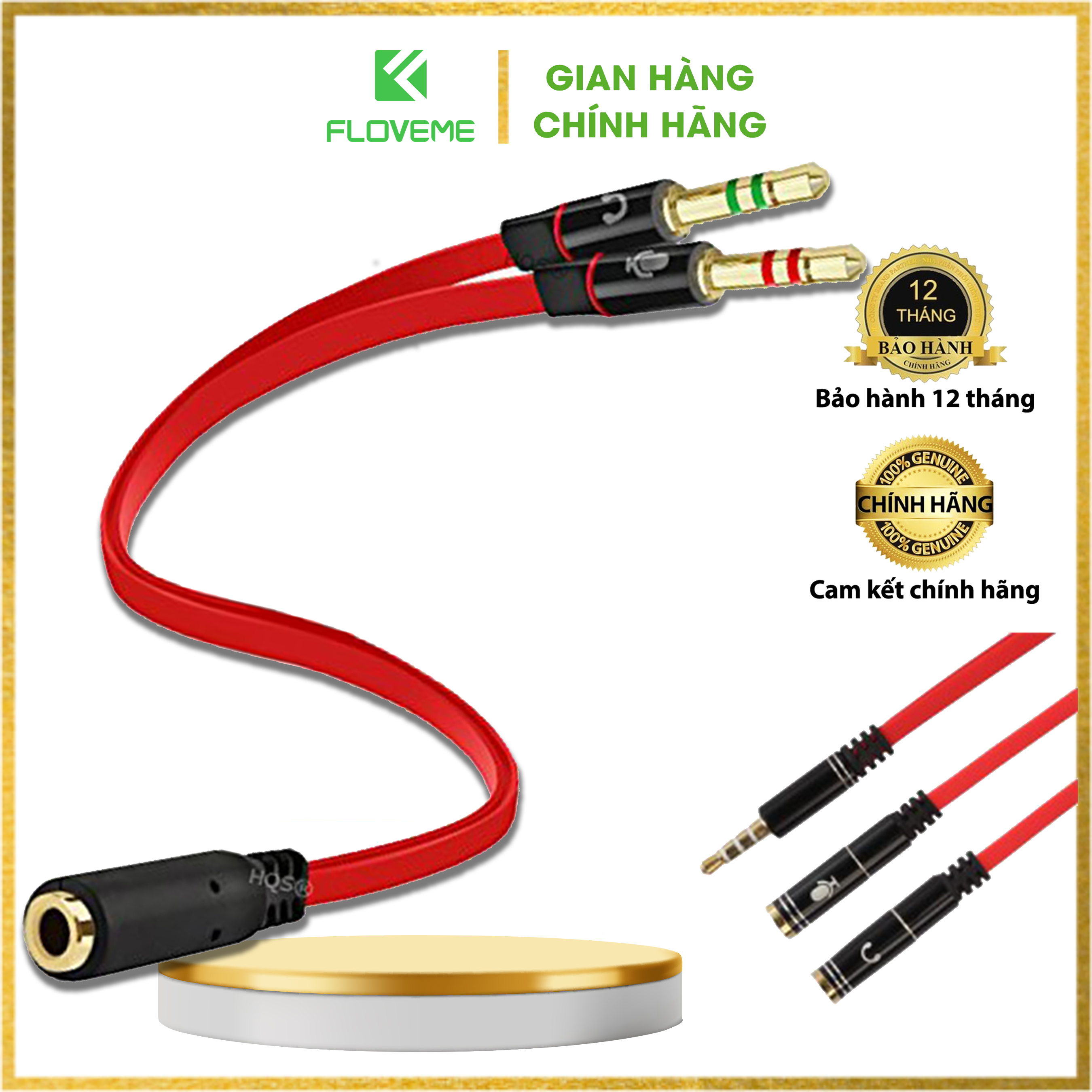 Cáp gộp Floveme audio và mic 2 vào 1 ra 3.5mm âm (cáp chuyển tai nghe điện thoại cho máy tính PC) - hàng chính hãng