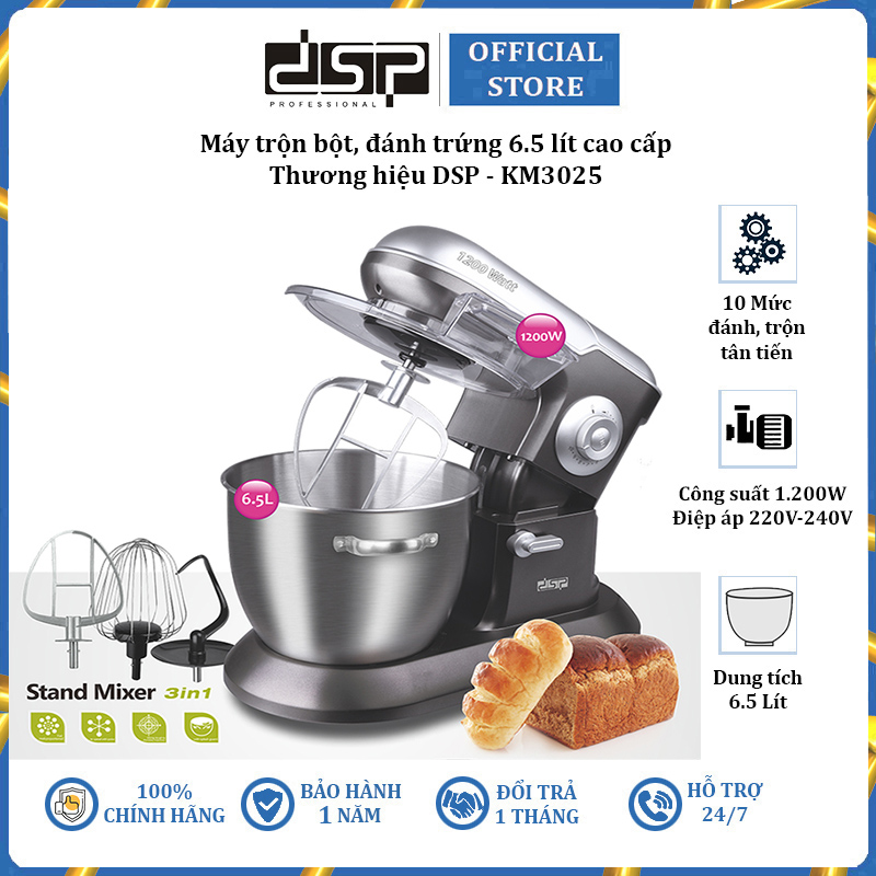 Máy trộn bột, đánh trứng 6.5 lít, 10 tốc độ đánh cao cấp thương hiệu DSP KM3025 - Công suất 1200W - HÀNG NHẬP KHẨU