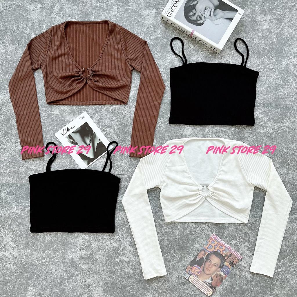 Áo croptop tay dài PINKSTORE29 lót áo 2 dây dáng ôm khoen tròn ngực A5486