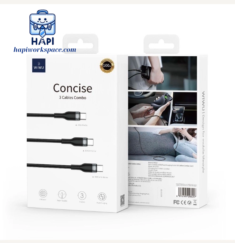 Cáp sạc hàng chính hãng WiWU Concise 3-in-1 100W WI-C033, combo 3 cáp, bọc dù