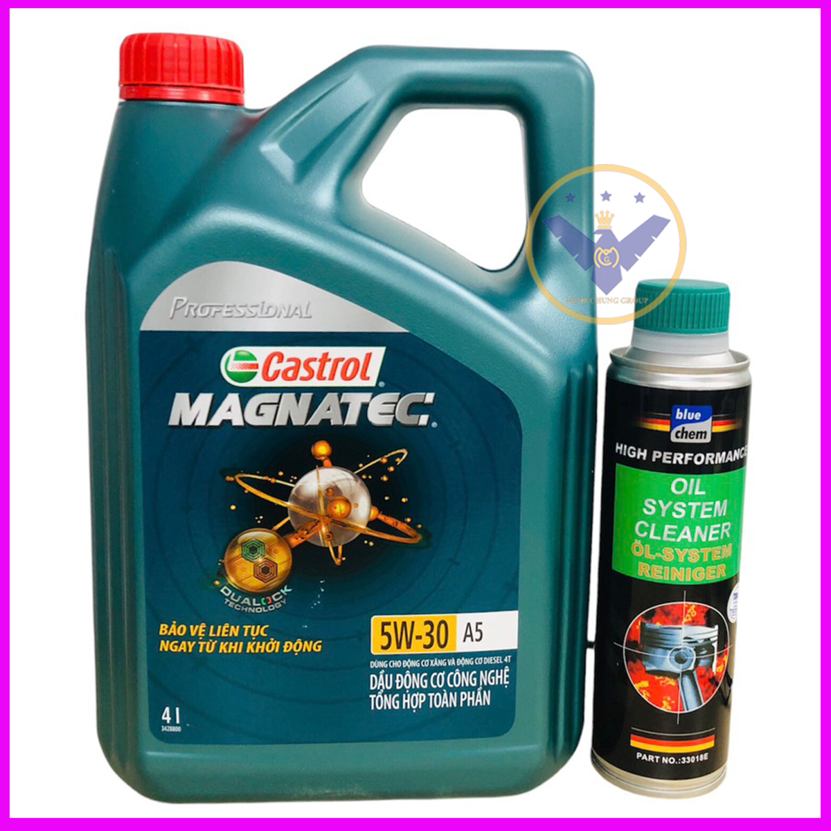 Bộ Dầu nhớt xe ô cao cấp Castrol Magnatec Professional 5W-30 Can 4L + Súc rửa động cơ Bluechem 250ml