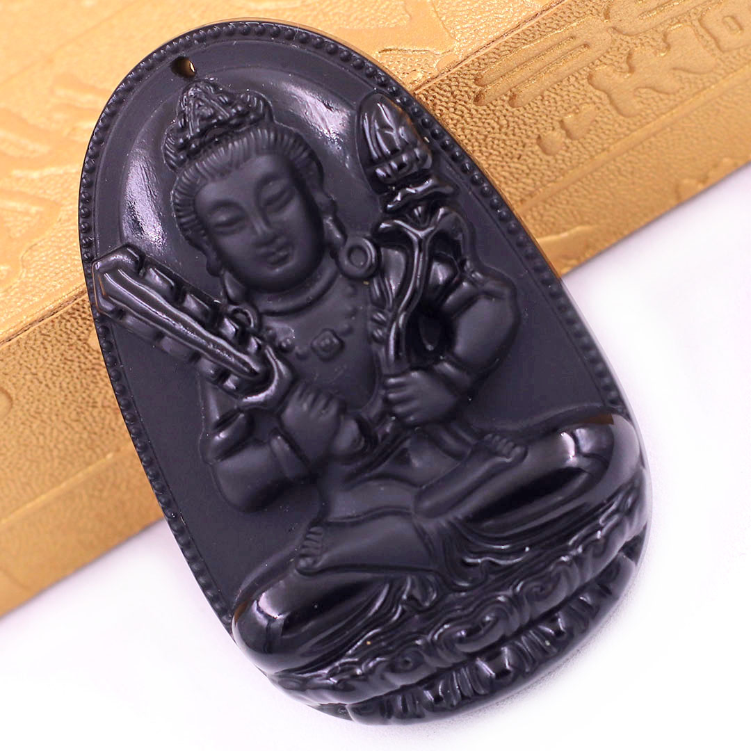 Mặt Phật Hư không tạng đá thạch anh đen 3.6 cm kèm móc và dây chuyền inox, Mặt Phật bản mệnh