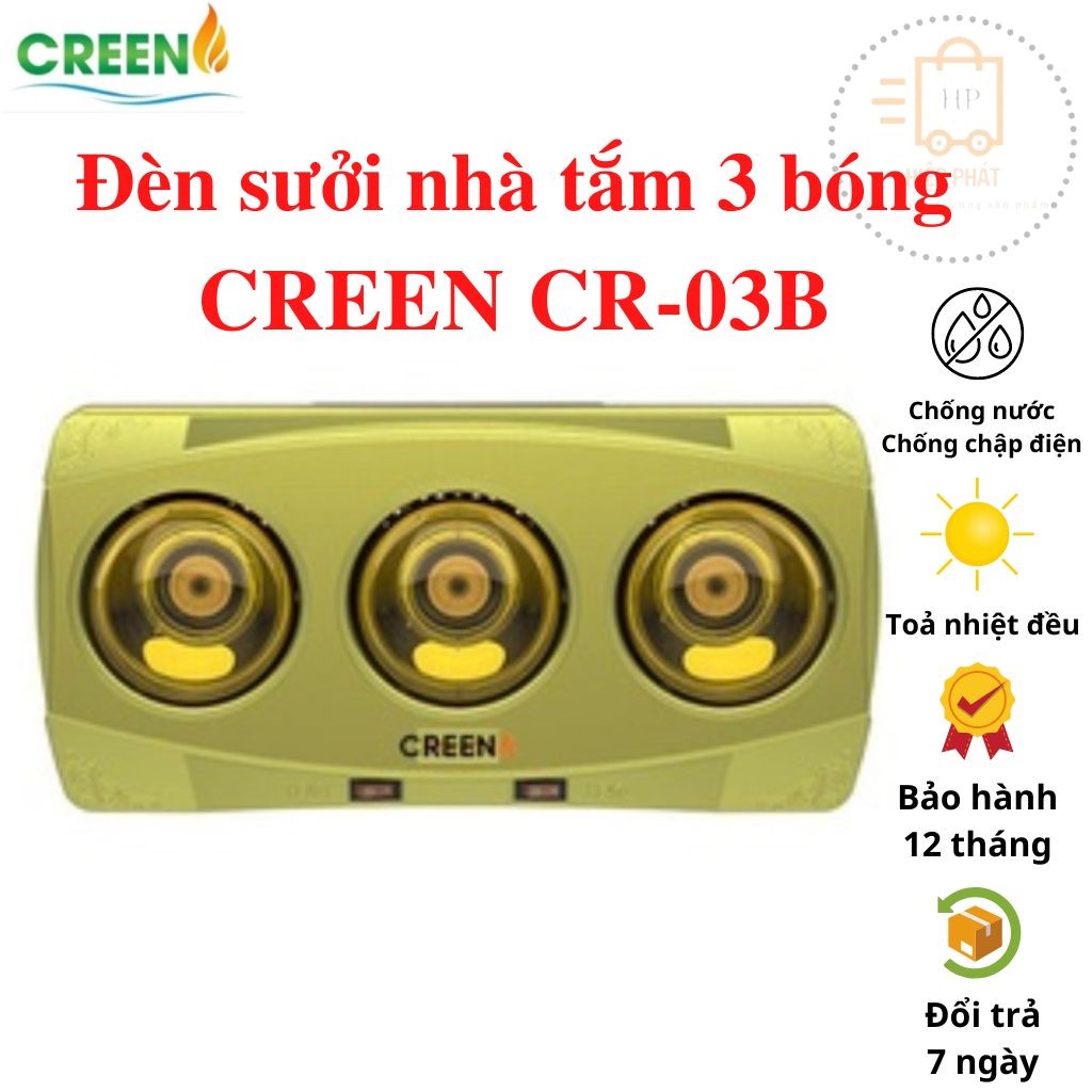 Đèn Sưởi Nhà Tắm 3 Bóng Halogen CREEN CR-03B, Chống Nước, Chống Chập Điện, Toả Nhiệt Đều, Không Loá Mắt, Thương Hiệu Tây Ban Nha - Hàng chính hãng