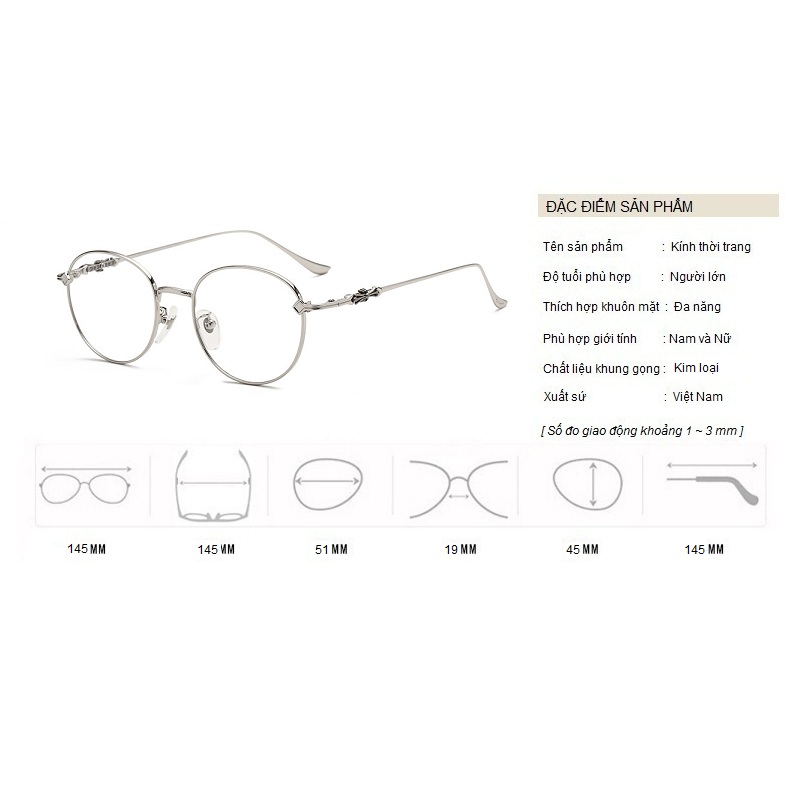Kính Giả Cận, Gọng Kính Cận Nam Nữ Chrome Heart Mắt Tròn Kim Loại Cao Cấp - BLUE LIGHT SHOP