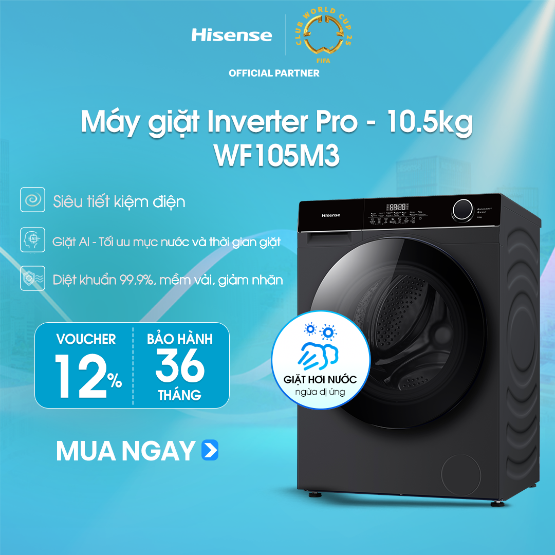 Máy giặt Hisense Inverter Pro 10.5kg WF105M3 giặt thông minh AI, điều khiển từ xa, bảo hành 3 năm - HÀNG CHÍNH HÃNG